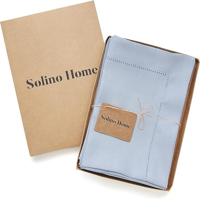 Solino Home Sky Blue Linen Napkins Set of 4-100% Pure Linen Hemstitch Dinner Napkins 20 x 20 Inch for Spring, Easter - Classic Hemstitch