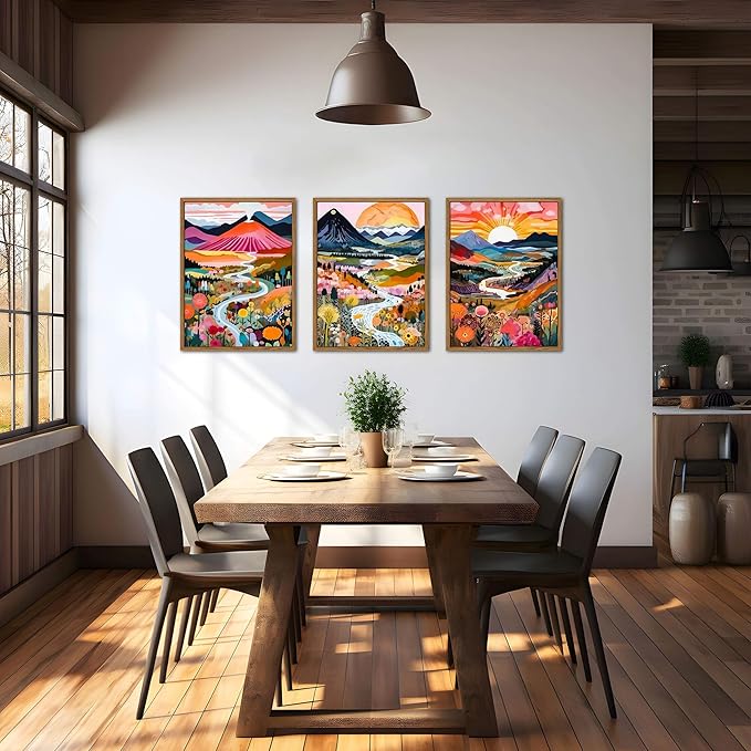 Floating Framed Large Boho Colorful Wall Art, Abstract Watercolor Mountain Landscape Wall Decor Painting Set of 3, Modern Flower Aesthetic Posters Prints for Living Room Bathroom Bedroom 16x24 Inch