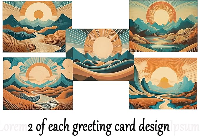 Abstract Southwestern Landscape Greeting Cards - Set of 10 All Occasion 5 x 7 Note Cards with Envelopes. Blank Inside. Modern Watercolor Designs of Desert, River and Mountains with Setting Sun