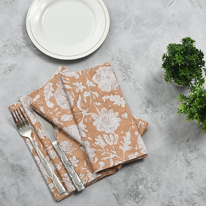 CPC Cloth Napkins 100% Cotton Set of 4 Reusable Napkins, Indian Block Print Toile Floral Dinner Napkin, Fall Thanksgiving Christmas Holiday Party Gift - Soft Absorbent Napkin, 18"x18" Light Peach