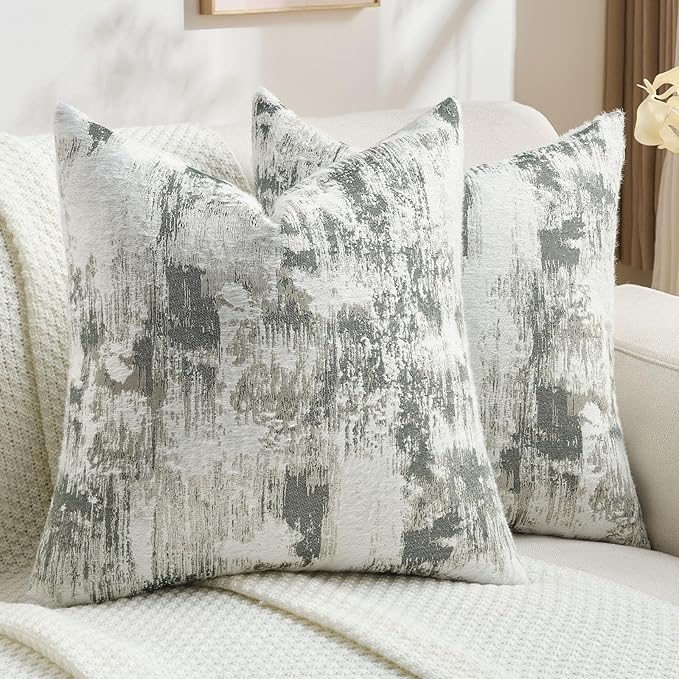 FUTEI Dark Green White Decorative Throw Pillow Covers 24x24 Inch Set of 2,Jacquard Weave Euro Pillow Shams in Soft Faux Cashmere,Modern Home Decor for Couch Living Room