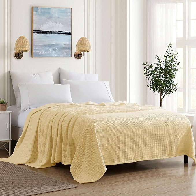 100% Fine Cotton Blanket Luxurious Weave Stylish Design Soft and Comfortable All Season Warmth, Full/Queen, Lemon (Pack of 6)