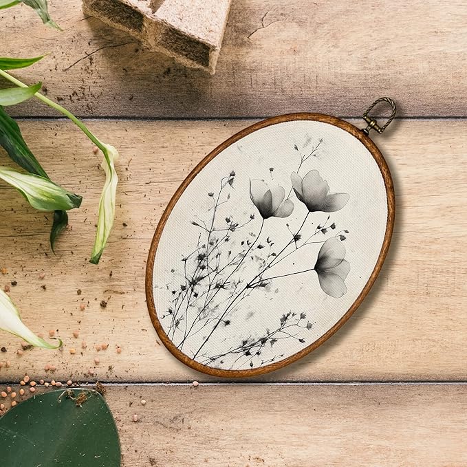 KSDUT Vintage Boho Mid Century Flower Floral Wall Decor Art - Black Botanical Neutral Wall Art Canvas Frame Hanging Prints, Retro Landscape Wildflower Oval Wall Art Decor for Home Decor 8.6"x11.4"