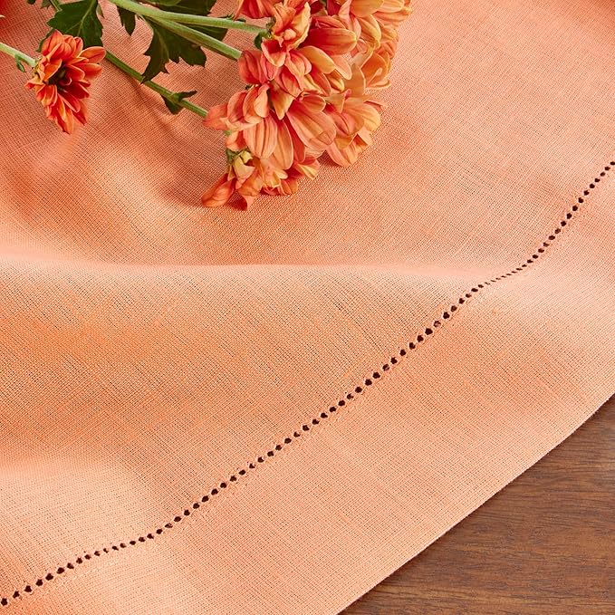 Solino Home Linen Coral Table Runner 132 Inches Long - 100% Pure Linen Extra Long Table Runner 14 x 132 Inch for Valentines, Spring, Easter - Classic Hemstitch