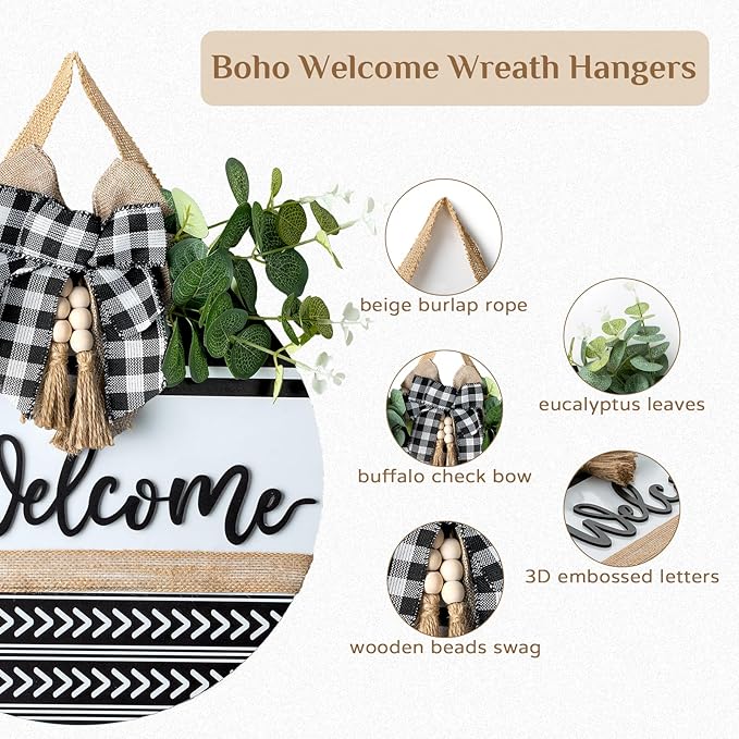 Welcome Sign for Front Door Decor - Walasis Hanging Welcome Signs for All Season Boho Wall Decoration 12inch Wooden Farmhouse Eucalyptus Wreath with Bow Beads for Home