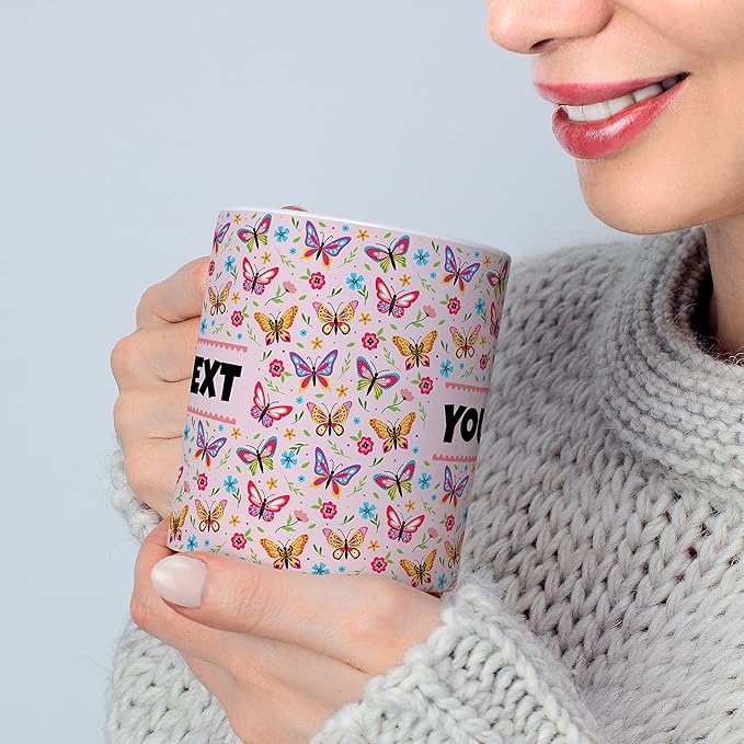 Personalized Mug for Kids - Butterflies - Custom Name/Text, Ceramic Hot Chocolate/Cocoa/Coffee Cup for Girls, Birthday/Christmas/Holiday Gift - 15 oz, Light Blue Handle