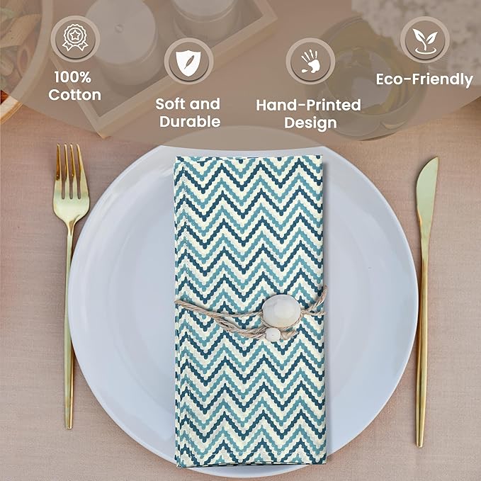 CPC Cloth Napkins 100% Cotton Set of 4 Reusable Napkins, Indian Block Print Toile Floral Dinner Napkin, Fall Thanksgiving Christmas Holiday Party Gift - Soft Absorbent Napkin, 18"x18" Sea Blue