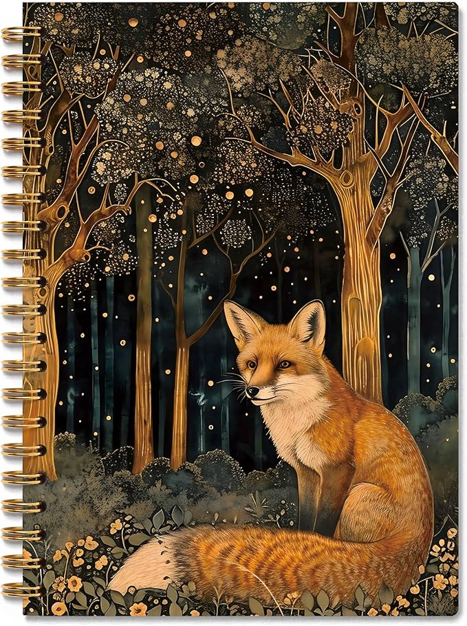 Vintage Starry Forest Fox Notebook, Fox Lover Gifts, Mystical Enchanted Forest Wild Animal Journal,Dark Cottagecore Aesthetic Spiral Notebook Journal, 5.5x8.3 Inch