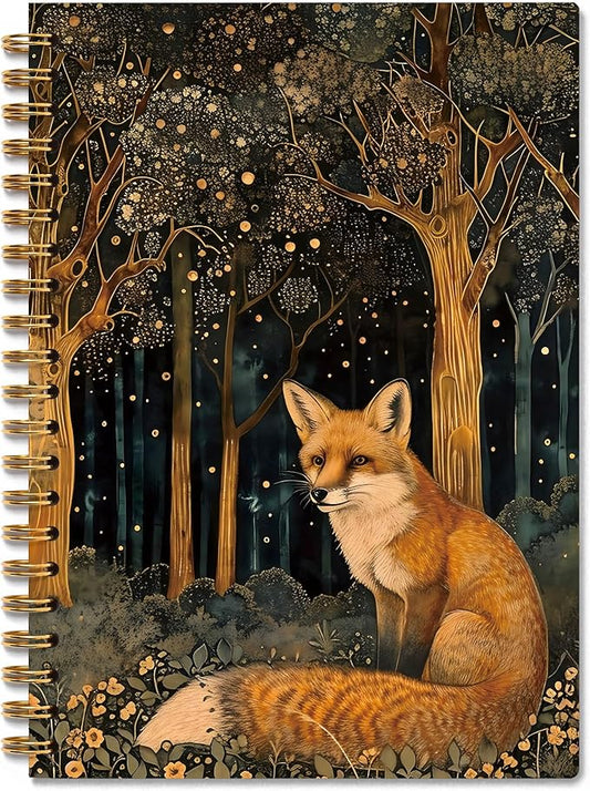 Vintage Starry Forest Fox Notebook, Fox Lover Gifts, Mystical Enchanted Forest Wild Animal Journal,Dark Cottagecore Aesthetic Spiral Notebook Journal, 5.5x8.3 Inch