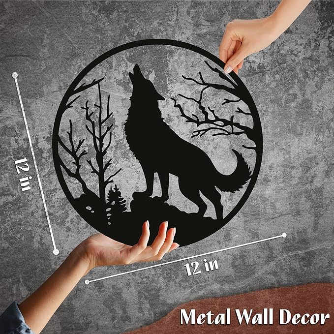 DIMARONGTON Wolf Metal Wall Decor, 12x12 Rustic Iron Wildlife Silhouette for Wall, Black Wolf Art for Indoor or Outdoor Display, Gift for Men