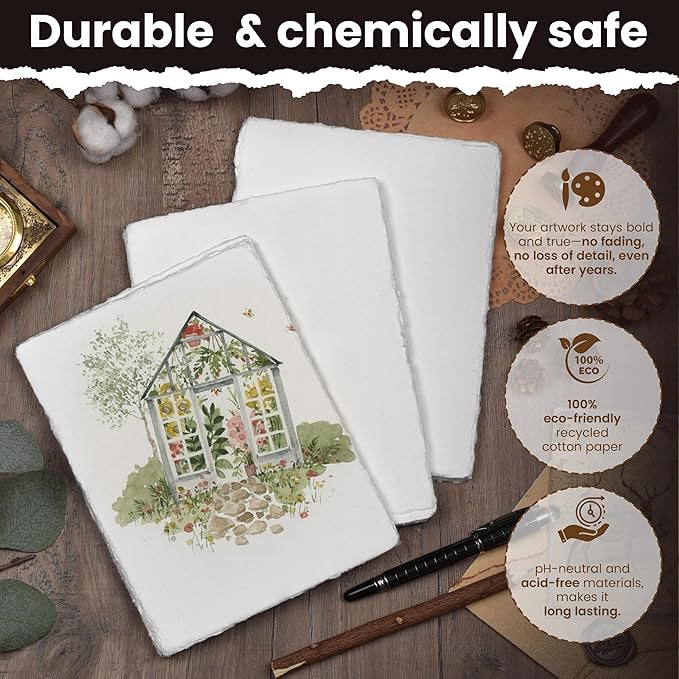 LEATHER VILLAGE Watercolor Paper- 7 X 10 inches - 20 Sheets Watercolor Paper for Drawing, Sketching, Painting & Crafts - 150 GSM Thick Deckle Edge Virgin Cotton Handmade Paper - Off-White