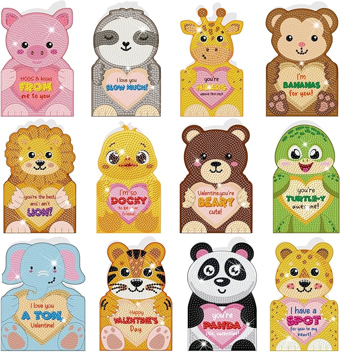 Saillong 12 Pack Valentine's Day Diamond Painting Greeting Card Kit Animal Diamond Art Cards with Envelopes Valentine 5D Rhinestones Painting Making Kits for Adult DIY Craft Family Friend Holiday Gift