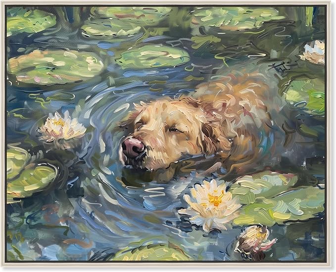 Art Remedy Monet Water Lilies Dog Rustic Chic Farmhouse Canvas Wall Art, Silver Floater Frame, 20"x16"