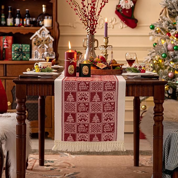 Table Runners 138 Inches,Christmas Tree Table Runner with Tassel Fringe,Gift Table Runner for Party，Coffee Table, Festival