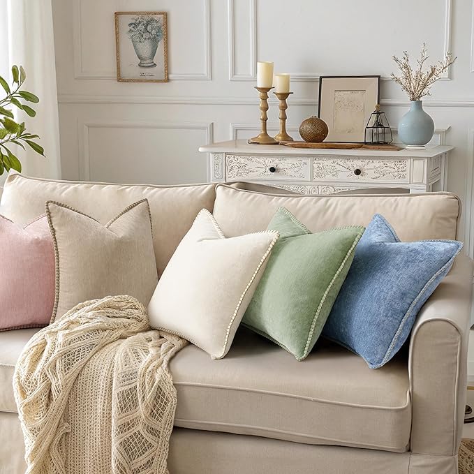 decorUhome Spring Chenille Soft Throw Pillow Covers 18x18 Set of 2, Farmhouse Velvet Neutral Decorative Pillow Covers with Stitched Edge for Couch Sofa Bed Home Decor, Beige