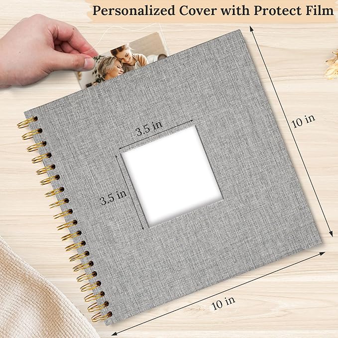 Scrapbook Photo Album Linen Cover, 10 x 10 Inch Hardcover Kraft White Pages Memory Book, for Travel Wedding Guest Book Christmas Baby Shower (20 Sheets/ 40 Pages,Grey)