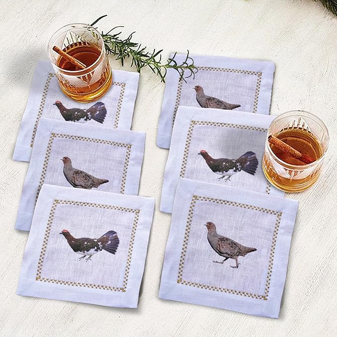Cocktail Napkins Set of 6, 6x6 inch, 100% Linen, Printed Animal Pattern, Reusable & Washable Cloth Coasters for Beverages, Hosting, Gifting & Everyday Use (Pheasant & Ptarmigan)