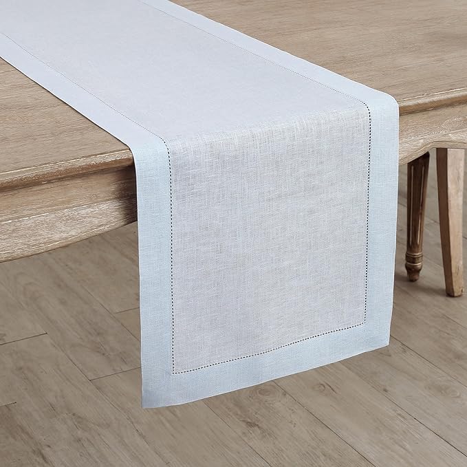 Solino Home Linen Light Blue Table Runner 48 Inches - Classic Hemstitch, 100% Pure Linen Coffee Table Runner 14 x 48 Inch Ideal for Dresser Tables, Spring, Easter