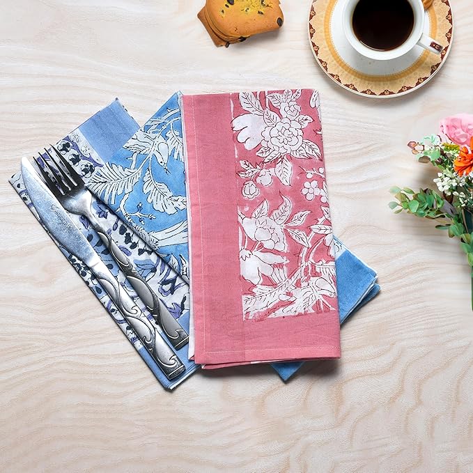 CPC Cloth Napkins 100% Cotton Set of 4 Reusable Napkins, Indian Block Print Toile Floral Dinner Napkin, Fall Thanksgiving Christmas Holiday Party Gift - Soft Absorbent Napkin, 18"x18" Mix Border