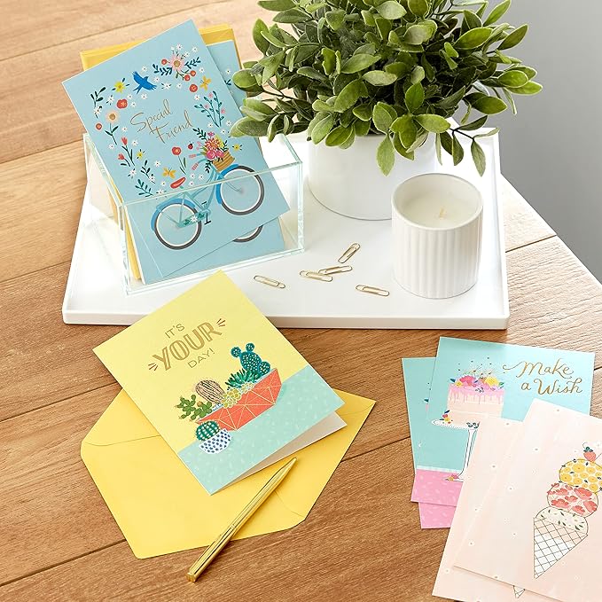 Hallmark Birthday Cards Assortment, 16 Cards with Envelopes (Bicycle, Cactus, French Bulldog, Ice Cream)