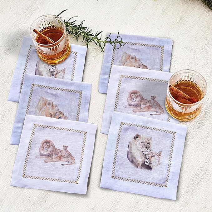 Cocktail Napkins Set of 6, 6x6 inch, 100% Linen, Printed Animal Pattern, Reusable & Washable Cloth Coasters for Beverages, Hosting, Gifting & Everyday Use (Lion Love)