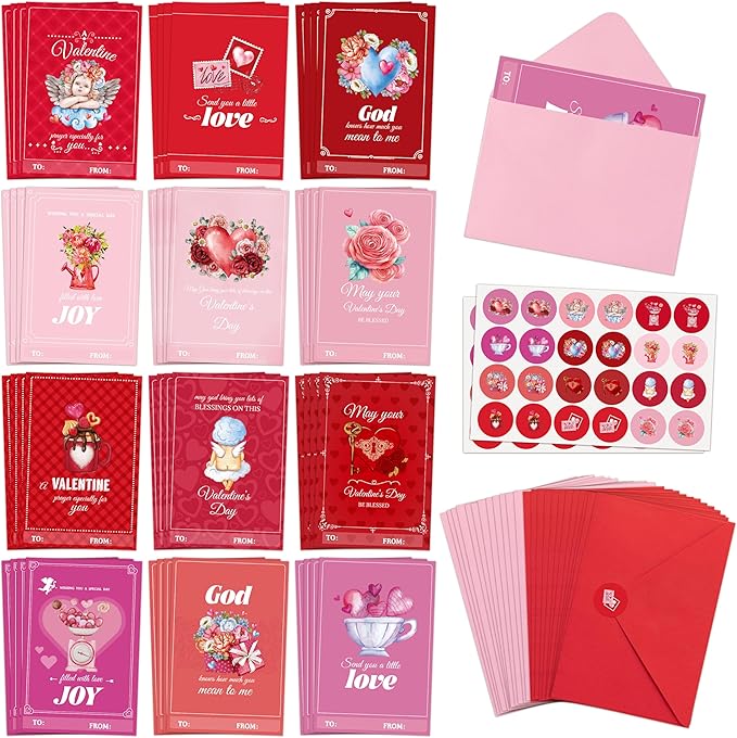 TICIAGA 48 Set Valentine's Day Vintage Blessed Greeting Cards with Envelop Retro Religious Sticker for Kid DIY Flower Heartfelt Notecard Exchange Gifts for Boys and Girls Christian School Party Favors