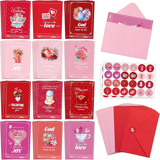 TICIAGA 48 Set Valentine's Day Vintage Blessed Greeting Cards with Envelop Retro Religious Sticker for Kid DIY Flower Heartfelt Notecard Exchange Gifts for Boys and Girls Christian School Party Favors