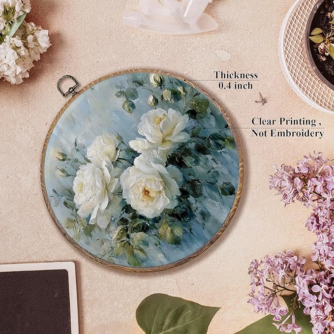 FUGWN Vintage Rose Floral Round Wall Art Decor Framed, Rustic White Botanical Floral Canvas Artwork Prints, Cottagecore Flower Wall Hanging Decorations for Home Bedroom Living Room, 10x10 Inch