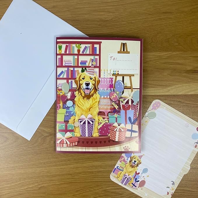 Golden Retriever 3D Pop Up Birthday Card – Cute Dog Card with Envelope, Puppy Gift for Dog Lovers, Women – Funny Pet Lover Birthday Greeting Card