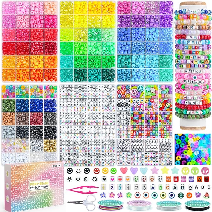 6 Boxes 4500Pcs Pony Beads Bracelet Making Kit, with 1600pcs Letter Beads Friendship Bracelets Kandi Rave Bead for Jewelry Making Keychain Hair Braid Gifts for Girls Teens Arts and Crafts Kits