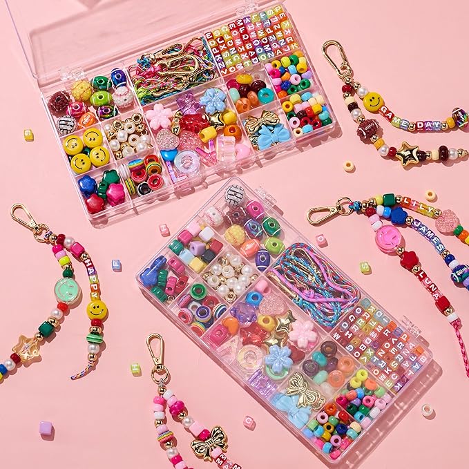 MYCUTEY DIY Keychain Making Kit-Beaded Keychain＆Bag Charm Craft Supplies with Keyrings,Cords and Colorful Football,Letter,Star,Heart,Pony Beads for Kids,Personalized Name A-Z Jewelry Making Kit Gifts