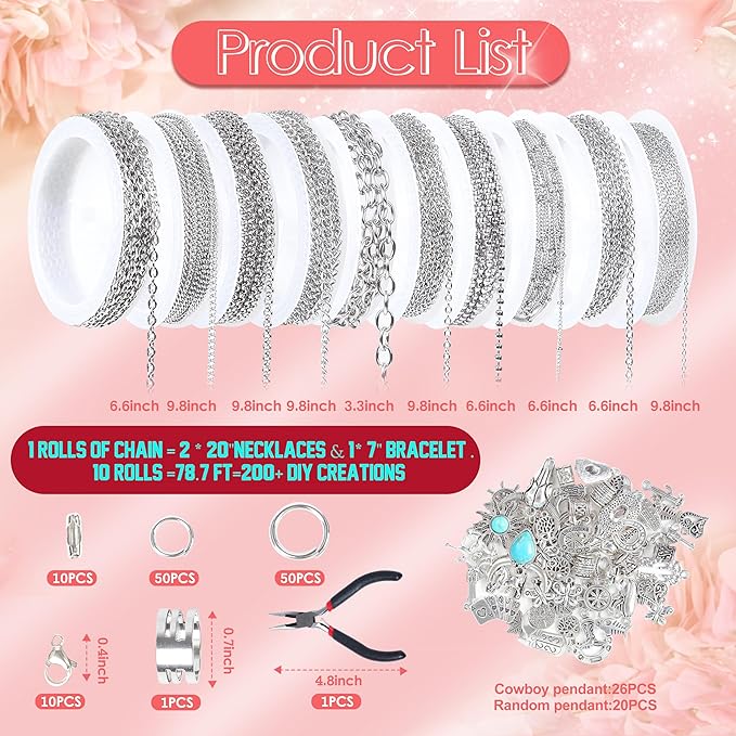 Meneng Necklace Jewelry Making Kit: 10 Rolls 78.7 Feet Silver Stainless Steel Chains for DIY Western Necklace Bracelet - Jewelry Making Supplies for Beginners