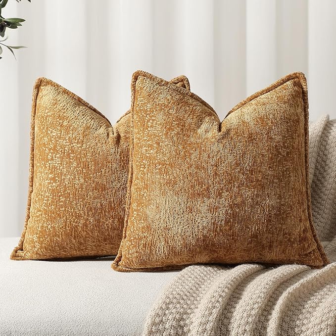 Pack of 2 Golden Brown Decorative Throw Pillow Covers 18x18 Cozy Soft Chenille Accent Vintage Square Couch Pillow Covers for Home Decor Bed Sofa Living Room