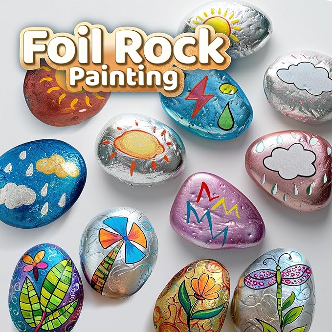 Piano Potato Rock Painting Kit for Kids, Foil Rock Art Craft Set with 10 River Rocks, 6 Paints & 10 Foil Stencils, Creative Arts and Crafts for Kids Ages 6-12