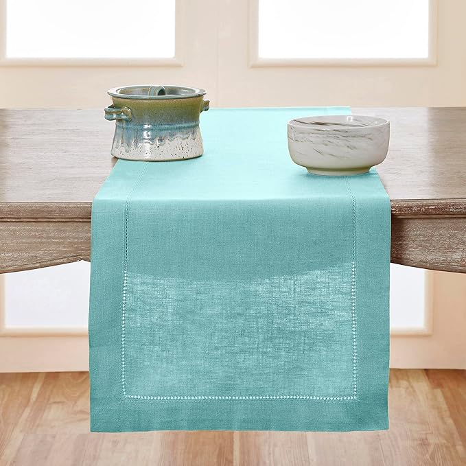 Solino Home Linen Aqua Blue Table Runner 108 Inches Long - 100% Pure Linen Hemstitch 14 x 108 Inch Table Runner for Dining, Spring, Easter, Winter - Classic Hemstitch