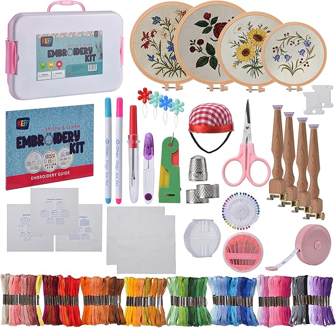 KEFF Craft Embroidery Kit for Beginners - 100 Embroidery Thread Colors, 4 Hoops, Scissors, Needles, Pins, Blank Fabrics & Tools – Cross Stitch Supplies, Cross Stitch Kits, Arts and Crafts for Adults