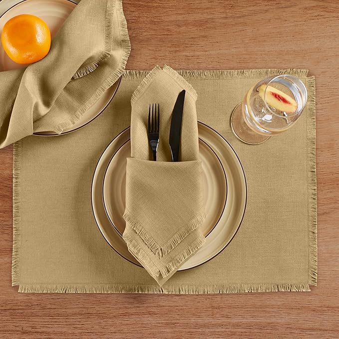 Solino Home Fringe Linen Placemats Set of 4 - 14 x 19 Inch Placemats Kelp - 100% Pure Linen Table Mats for Spring - Handcrafted and Machine Washable