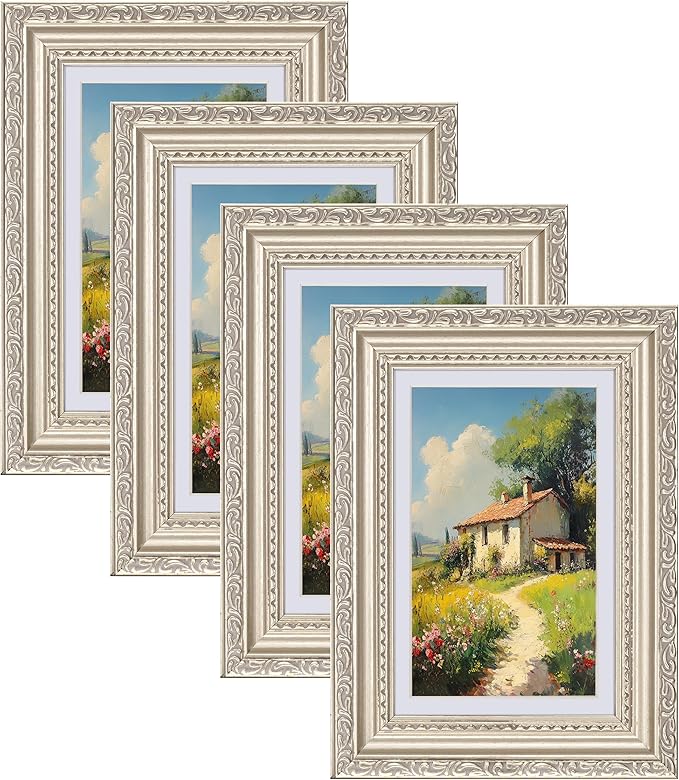 eletecpro 4x6 Picture Frames Set of 4, Ornate Vintage Photo Frames with Glass, Display 3.5x5 Photo with Mat or 4x6 without Mat for Tabletop or Wall Decor, Silver Beige