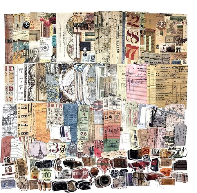200 Pieces Vintage Ephemera Scrapbooking Supplies Pack for Journaling, Decoupage Paper Scrapbook Stickers Kit for Bullet Junk Journal Planners Collage Craft Notebooks Album (Word Memory)