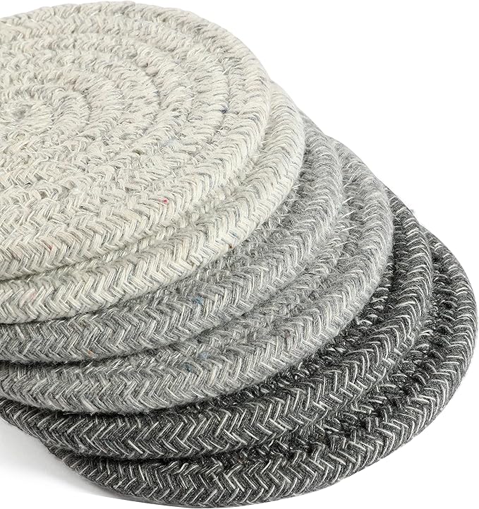 OrganiHaus Drink Coasters Set of 6, Absorbent Cotton Woven Cup Coasters, Rustic Farmhouse Boho Decor for Coffee Table and Drinks Protection, Cute Coaster for Drinks, Coaster for Office Desk - Gray