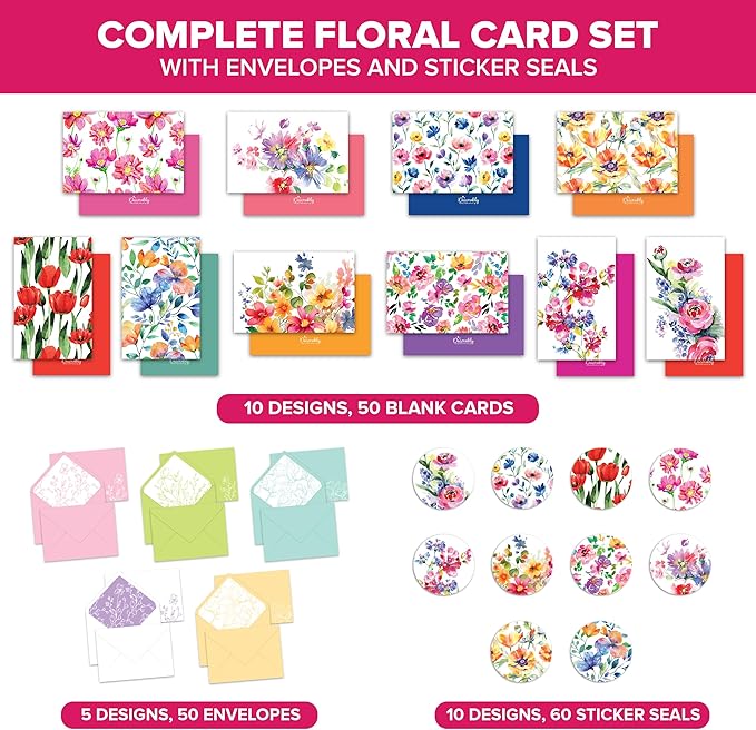Decorably 50 Pack 6x4in Blank Floral Cards with Envelopes and Stickers, 10 Flower Designs - All Occasions, Appreciation, Weddings, Anniversary, Gifting, Mailing