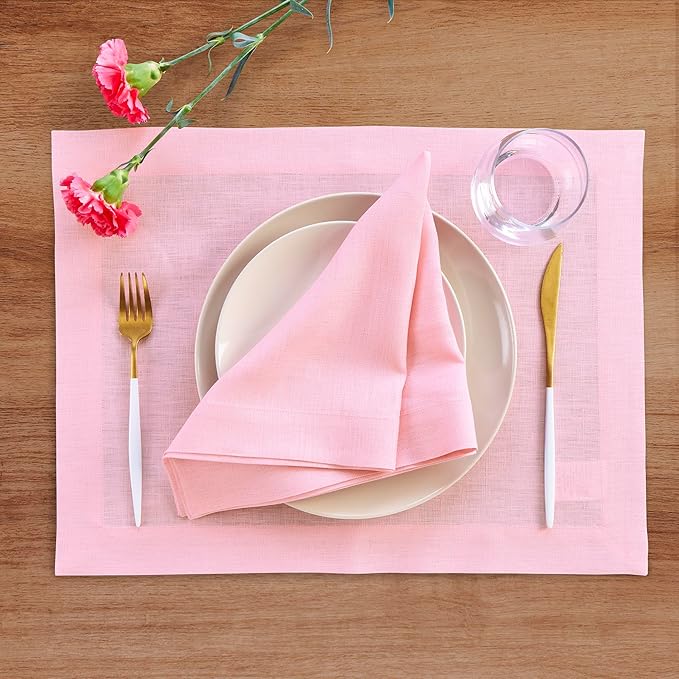 Solino Home Linen Placemats Set of 4 - Pink Lemonade Placemats 14 x 19 Inch - 100% Pure Linen Table Place Mats for Valentines, Spring, Easter - Fete
