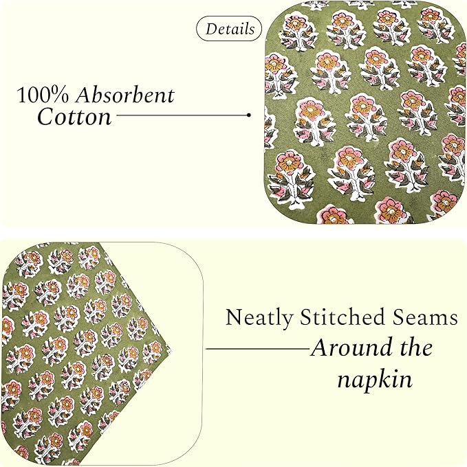 CPC Cloth Napkins 100% Cotton Set of 4 Reusable Napkins, Indian Block Print Toile Floral Dinner Napkin, Fall Thanksgiving Christmas Holiday Party Gift - Soft Absorbent Napkin, 18"x18" Jade Green