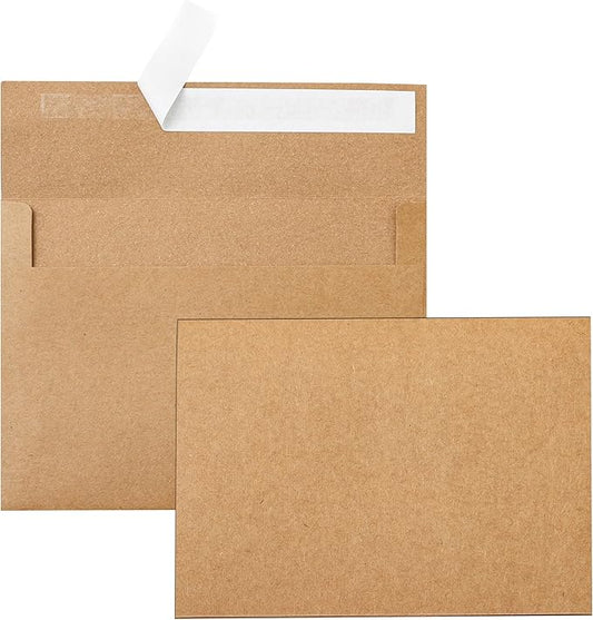 100 Packs Brown Blank Cards and Envelopes 5 x 7 Heavyweight Single Panel Cardstock and A7 Envelopes Self Seal for Wedding Invitations, Birthday, Thank You Cards, Mailing