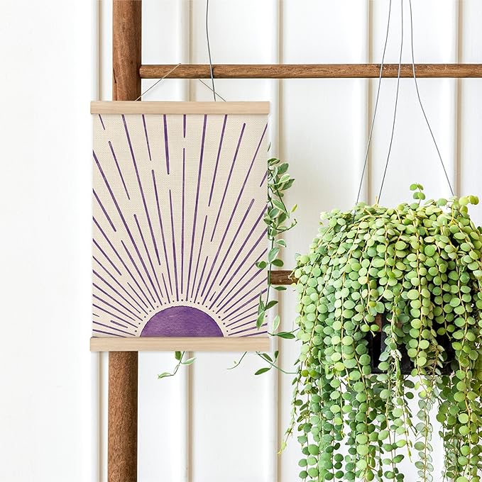 MAQIKA Purple Sun and Moon Wall Decor Poster Framed with Wood Hanger Set of 2, Sunshine Nursery Decor, Moon Phase Hanging Wall Decor, Boho Sunshine Canvas Wall Art Paints for Kids Bedroom 12x16 Inch
