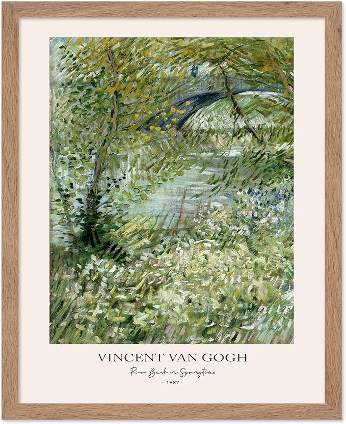 Monem Art Vintage Van Gogh Poster - Retro Impressionist Print - River Bank in Springtime, Flowers, Landscape - Gift for Artist, Friend - Wall Decor for Home, Office, 11x14 Beige Framed
