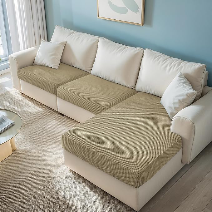 CHUN YI Stretch Sectional Couch Covers 1 Piece Chaise Lounge Slipcover L Shape Separate Cushion, Chaise Couch Cover for Both Left/Right Sectional Couch (Chaise Cover, Khaki)