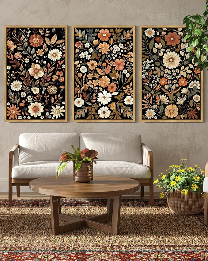 KUVIOKE Orange Vintage Flower Framed Wall Art Boho Floral Wall Decor Retro Wildflower Modern Art Prints Bedroom Living Room Home Decor 16x24in (Natural Framed)