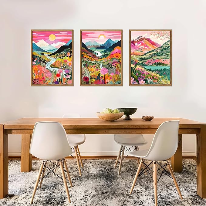 Floating Framed Boho Colorful Mountain Wall Art Set of 3, Abstract Watercolor Landscape Flower Wall Decor Paintings, Modern Nature Sunset Forest Posters Prints for Living Room, Bedroom 12x16 Inch