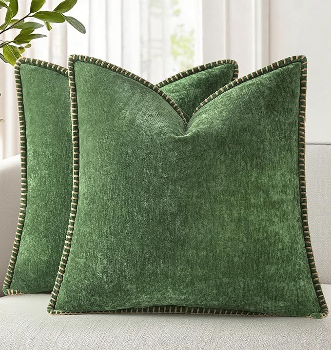 decorUhome Spring Chenille Soft Throw Pillow Covers 20x20 Set of 2, Farmhouse Velvet Neutral Decorative Pillow Covers with Stitched Edge for Couch Sofa Bed Home Decor, Forest Elf